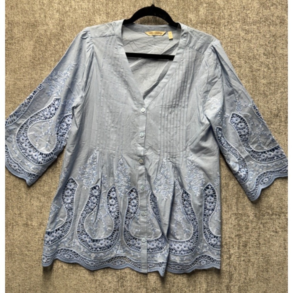 Soft Surroundings Blue Embroidered Eyelet Lace Blouse Boho Cotton Sz S